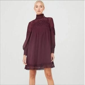 Ted Baker Anneah high neck lace babydoll plum mini chiffon dress. Designer